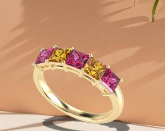 Pink Tourmaline Citrine  wedding Ring | 14k Yellow Gold Wedding Band with Citrine Princess Cut Half Eternity Design, Birthstone Ring