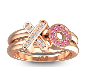14k Rose Gold XO Ring Diamanten rosa Turmalin / dicker Doppelbandring / Statement / Umarmungen und Küsse Liebesring / feiner Schmuck / trendiger Ring