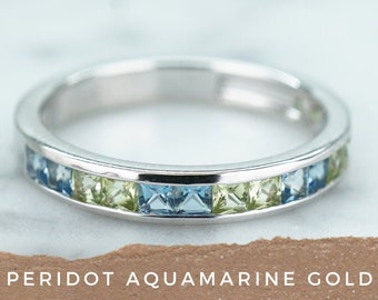 Peridot Aquamarine Princess Cut Ring/ Channel set/ Stacking Ring/ Wedding Band/ Half Eternity/ Square Stone band/ Gemstone Stacking band