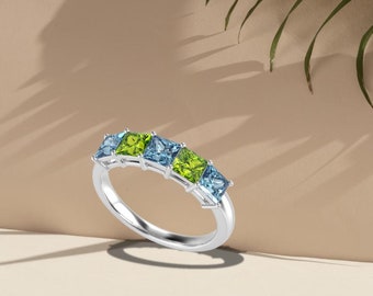 Aquamarine Peridot Princess Cut Band in 14K Gold, Stacking Ring, Birthstone Ring, Multi Gemstone Ring,Square Natural Conflict Free Gemstones