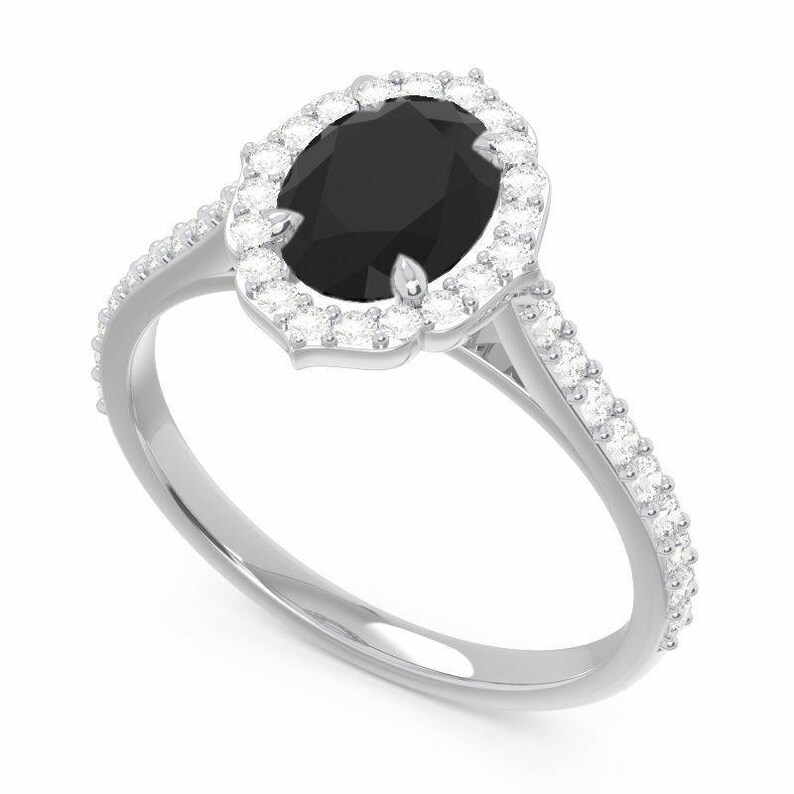 Black Onyx Oval Diamond Halo Ring Engagement Promise Ring Etsy