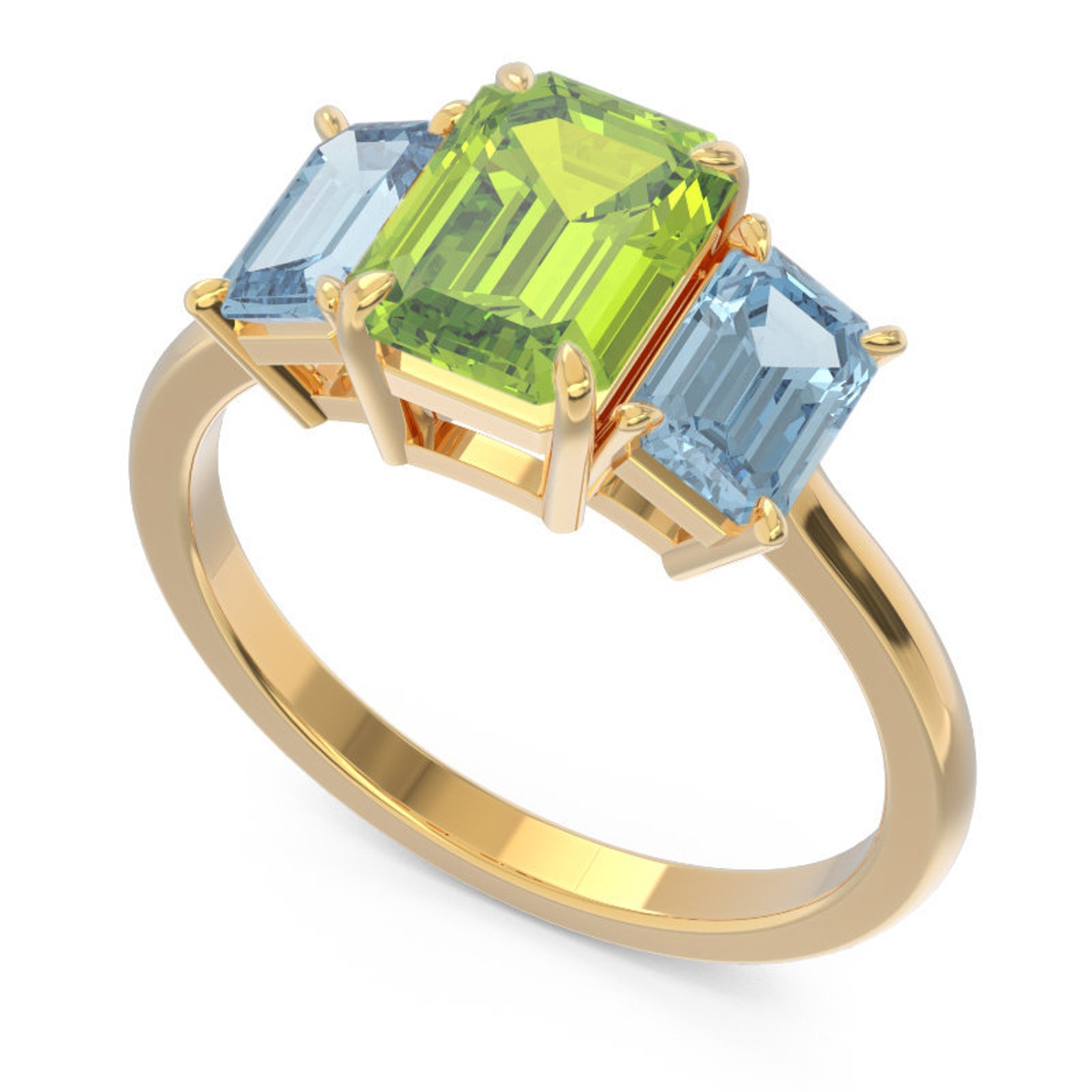 Peridot Aquamarine Emerald Cut Ring in 14k Gold/ Big Natural Gemstone