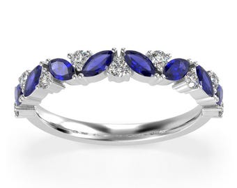 Unique 14k Gold Blue Sapphire & Diamond Marquise and Round Half Eternity Ring | Trendy Natural Gemstone Band, Special Wedding Band