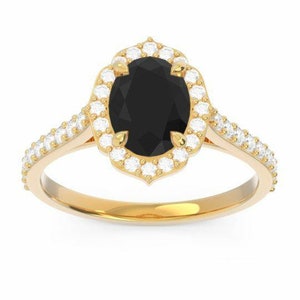 Black Onyx Oval Diamond Halo Ring, Engagement, Promise Ring ...