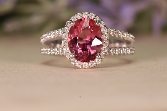 Diamond Halo Pink Tourmaline Ring 9x7mm Oval Color Gemstone split