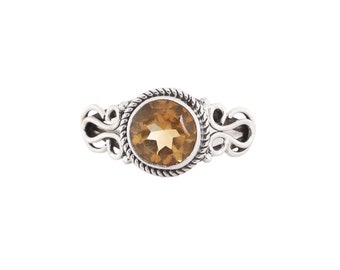 Hand Carved Beautiful Shank/ Silver Ring with Gemstones/ Round Faceted/ Citrine/ Garnet/ Peridot/ Big Stone Ring/7mm Round