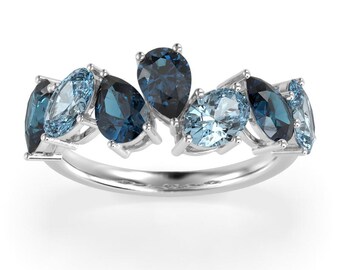 Blue Topaz Aquamarine Designer Ring, Oval and Pear Shape Natural Gemstones in 14K Gold, Made to Order, One of a kind, Trendy, Statement Band