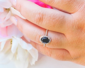 Black Onyx Oval Diamond Halo Ring, Engagement, Promise Ring, Anniversary,Classic Ring,Diamond Pave Halo, Oval Onyx Ring,Cheap Diamond Ring
