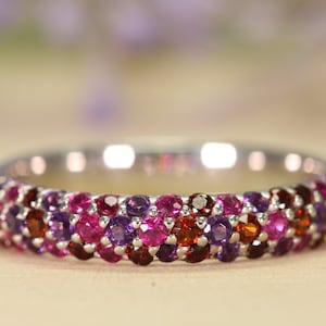 Natural Ruby Amethyst Pave Setting Ring,Half Eternity Band,Multi Colored Gemstones,Statement Ring,Unique,14k Gold Natural Round Gemstones