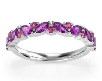 14k Gold Amethyst & Pink Tourmaline Marquise and Round Half Eternity Ring | Trendy Natural Gemstone Band, Special Wedding Band, Push Present