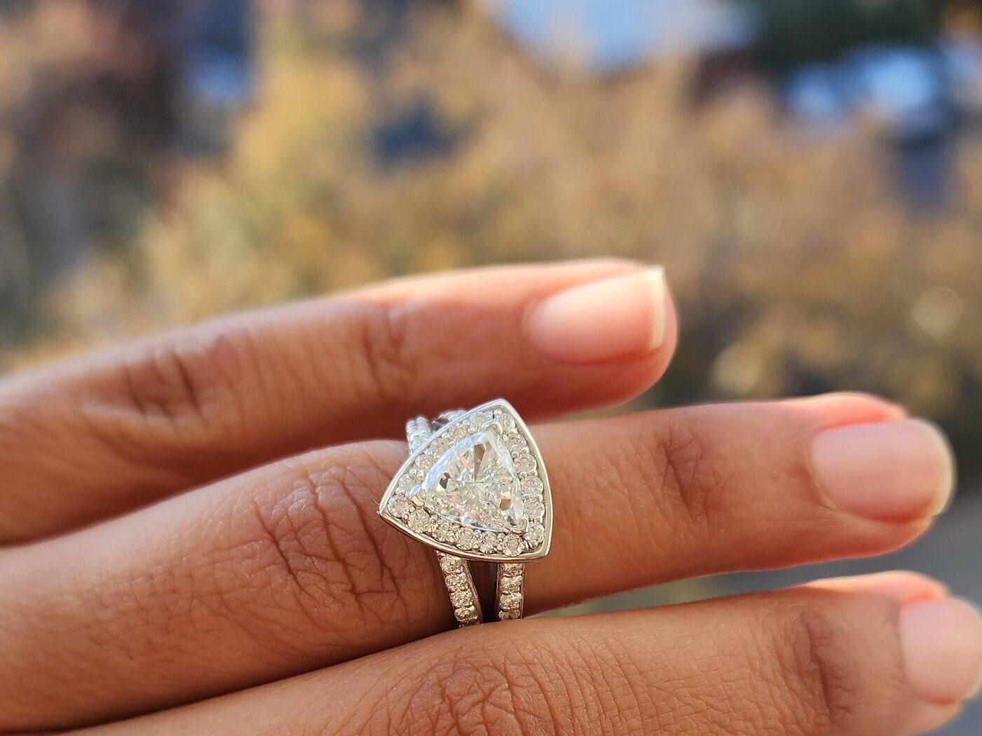 Diamond Trillion Engagement Ring, 18K Gold, Natural Diamond, Pave Halo Triangle
