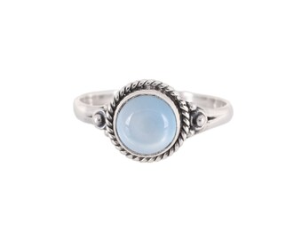 Round gemstone hand carved halo ring in Sterling Silver/ Cabochon Natural Gemstone/ Blue Chalcedony/ Amethyst/ Black Onyx/ Garnet