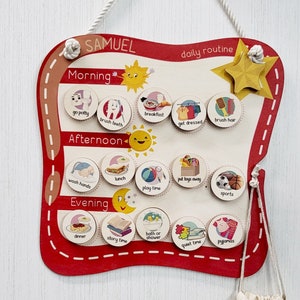 Personalized wooden daily routine chart for toddler, visual schedule for tasks, activities, chores and responsibilities board for kids.