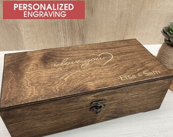 Personalized wooden box with clasps, laser engraving included. Gift box for birthday, Valentine, wedding, engagement and couple's box.