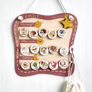 Personalized wooden daily routine chart for toddler, visual schedule for tasks, activities, chores and responsibilities board for kids.
