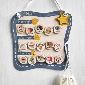 Personalized wooden daily routine chart for toddler, visual schedule for tasks, activities, chores and responsibilities board for kids.