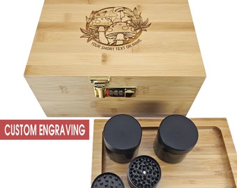 Stash Box kit in wood with lock Personalized with Custom Laser Engraving, include 3 layers Grinder, 2 Jars and Tray for Christmas Gift.