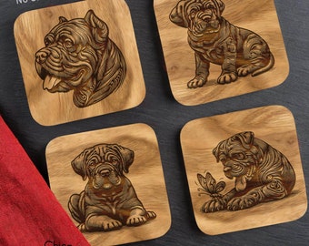 May include: Four wooden coasters with laser-engraved images of a dog breed. The coasters feature a detailed, intricate design of the dog's head and body. The coasters are perfect for adding a touch of personality to your home decor.