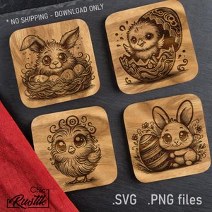 Fichiers gravure laser animaux mignons de Pâques SVG PDF PNG, Dessin vectoriel Poussin, Lapin, Oeufs de Pâques pour machines à gravure laser