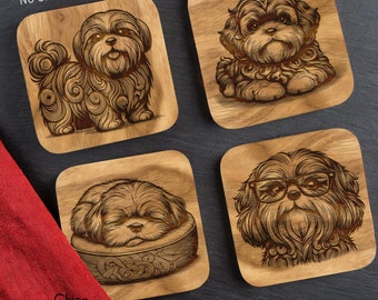 Op de afbeelding: Vier digitale illustraties van Shih Tzu honden in verschillende poses. De illustraties zijn in een houtnerf-stijl en zijn perfect voor knutselprojecten. De tekst .SVG .PNG files is zichtbaar onderaan de afbeelding.