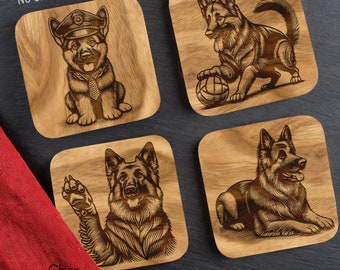 May include: Four digital illustrations of German Shepherd dogs in different poses. The illustrations are in a wood-grain style and are perfect for crafting projects.