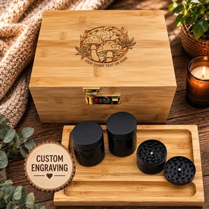 Stash Box with Lock – Personalized Bamboo Box with Custom Engraving, Grinder, 2 Jars & Rolling Tray, Unique Gift for Christmas.