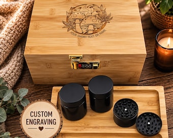 Stash Box with Lock – Personalized Bamboo Box with Custom Engraving, Grinder, 2 Jars & Rolling Tray, Unique Gift for Christmas.