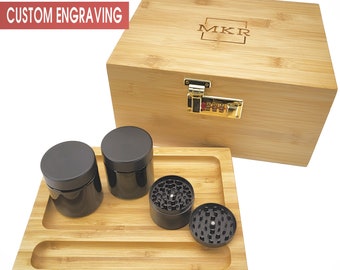 Stash Box kit in wood with lock  Personalized with Custom Laser Engraving, include 3 layers herb Grinder, 2 Storage Jars and a Rolling Tray.