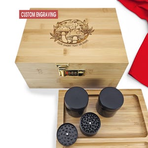 Stash Box kit in wood with lock Personalized with Custom Laser Engraving, include 3 layers Grinder, 2 Jars and Tray for Christmas Gift.