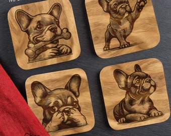 May include: Four wooden coasters with a laser-engraved design of a French Bulldog. Each coaster features a different pose of the dog, including one with a bone in its mouth. The coasters are labeled with the text ".SVG .PNG files".