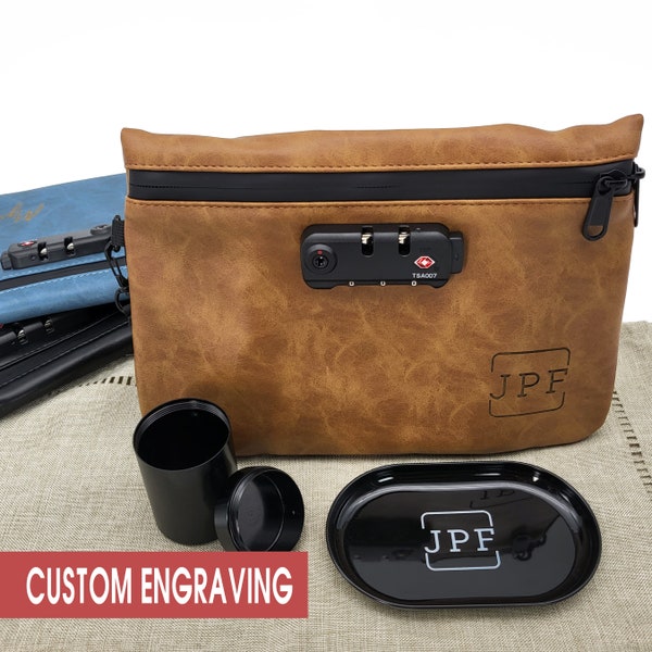 Personalized stash bag with combination lock, odor control stash bag made of vegan leather. Kit includes a mini-tray and a stash jar.