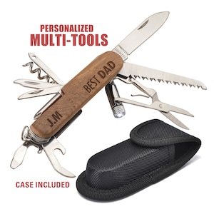 Personalized Swiss Pocket Knife MultiTool (13 in 1) with light, laser engraving included. Birthday gift for him, groomsmen or Father's Day