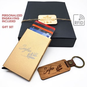 Porte-cartes de crédit personnalisé, blocage RFID, avec porte-clés en bois, style minimaliste, très léger, capacité de 5 cartes de crédit