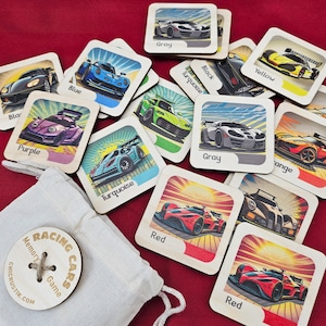 Jeu de mémoire en bois Montessori, thème voiture de course, jeu éducatif pour enfant, apprentissage des couleurs avec cartes par paires.