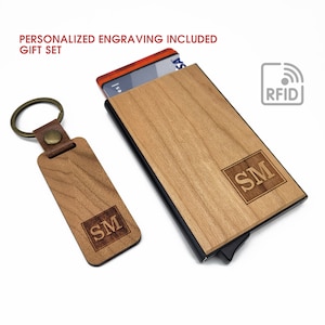 Porte-cartes de crédit personnalisé anti-RFID, avec porte-clés en bois, de style minimaliste, très léger & compact, 5 cartes de crédit
