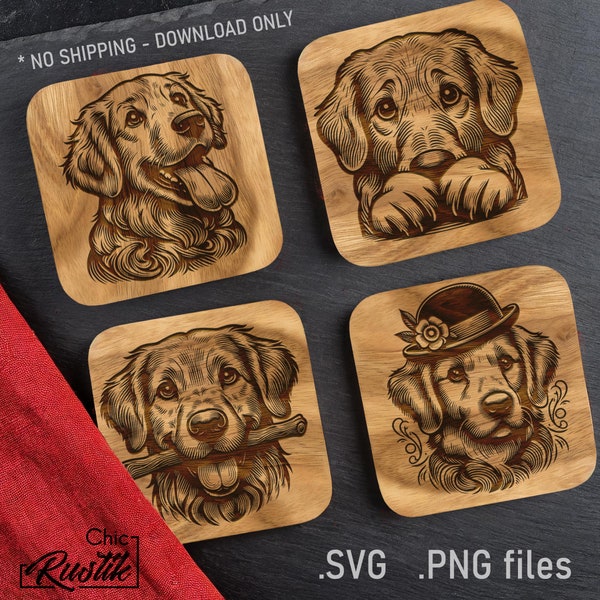 Golden Retriever SVG PDF and PNG, 4 Golden Vector Design for Laser engraving Machines,  Cute Dog Engraving and Printing Files, Glowforge