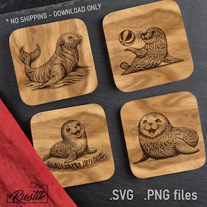 Fichiers gravure laser Phoque mignon SVG PDF PNG, Dessin vectoriel animal nautique mignon pour machines à gravure laser