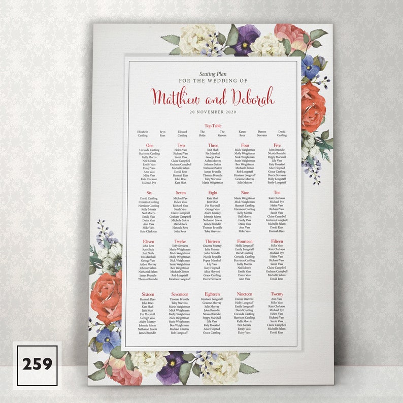 Prom Kay/'s Weddings Personalised Wedding Christening Table Seating Plan Chart 259 Baby Shower