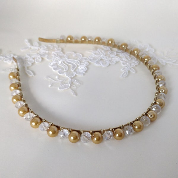 Gold Pearl Headband, Crystal Pearl Tiara, Autumn Wedding Crown, Gold Bridal Headband,