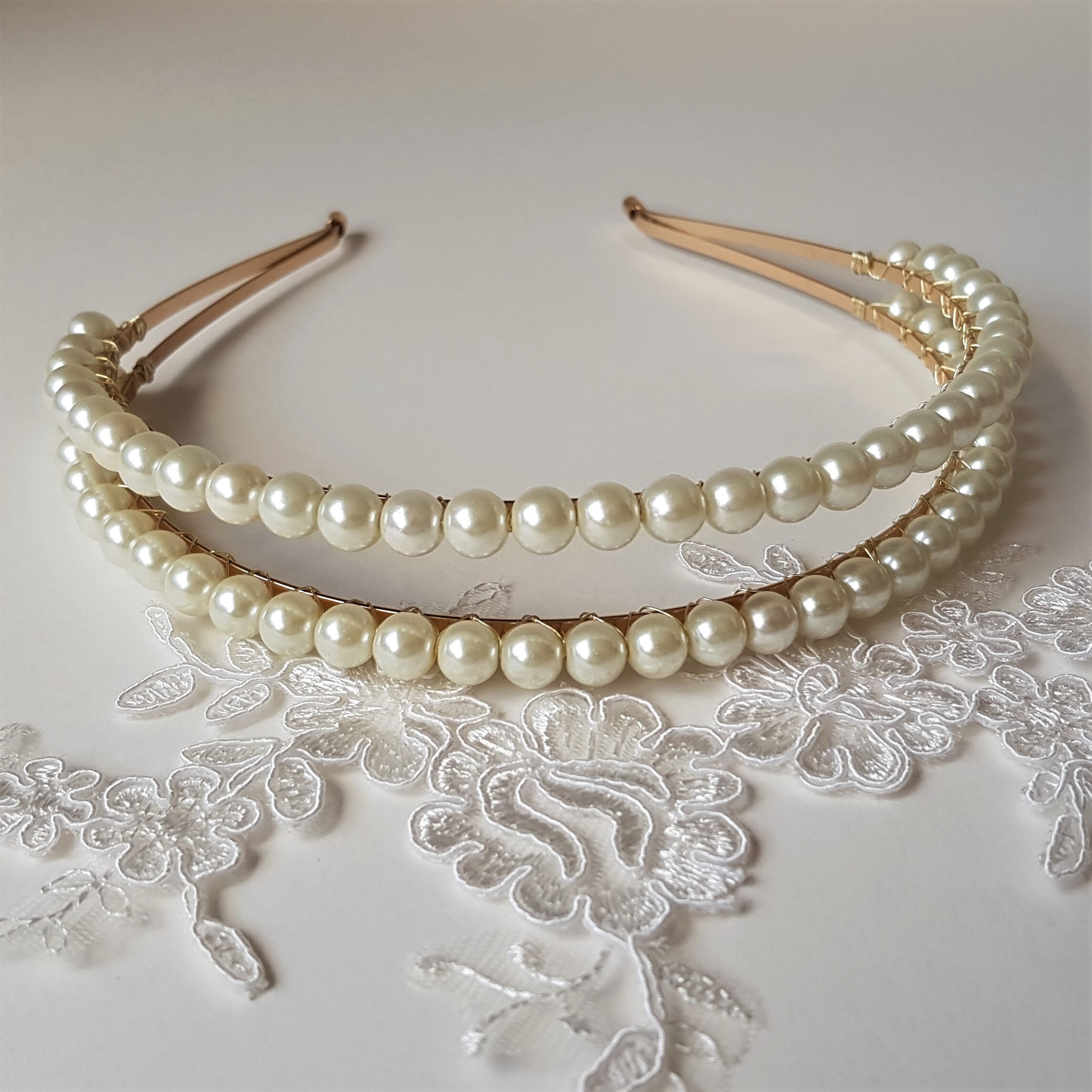 Gold Pearl and Crystal Double-Row Headband Pearl & Rhinestone Double Row Gold Headband – cllovestudio main image 3