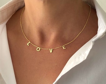 Gold Dainty Love Letter Necklace Spaced Letter Necklace for Girlfriend Anniversary Gift Valentines Day Gifts Love You Necklace