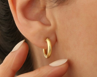 Small Endless Hoop Earrings, Gold latch back Hoops, small gold Earrings, Dainty 14K gold plated sleeper hoops, stacking hoop earrings 18mm