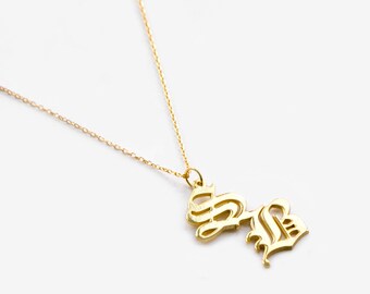 Old English Pendant Necklace, Old English Jewelry, Old English Initial necklace, Double Initial Necklace, Gothic Necklace, Custom Initials