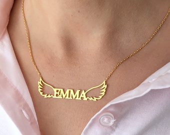 Collar con nombre de ala personalizado • Colgante de alas de ángel personalizado • Joyas con placa de identificación de oro • Regalo para ella Collar con nombre personalizado Regalo para el Día de la Madre