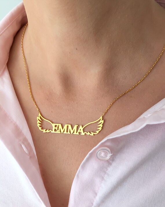 Angel wings Name Necklace, Custom Name Necklace, Gold Name Necklace, Dainty Personalized Necklace, Bridesmaid Jewelry, Personalized Jewelry