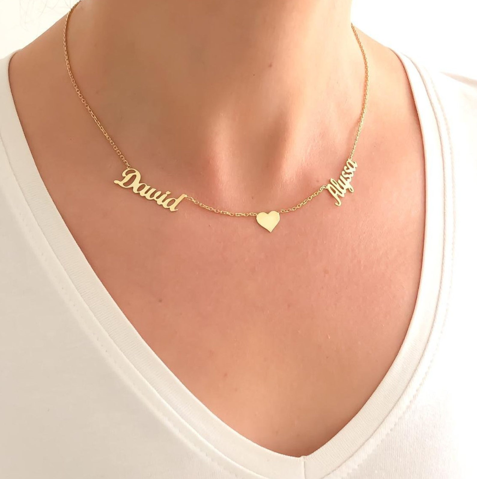 Two Name Necklace With Heart Dainty Name Necklace Gold Name Etsy