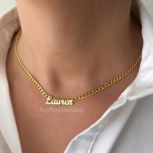 Gold Name Necklace with Curb Chain for Women, Dainty Custom Name Necklace, Cuban Chain Necklace, Personalized Jewelry, Gift for Mom SK25F90