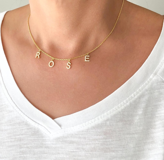 CZ Dangle Design Name Necklace, Pave Dangle Initial Necklace, CZ Letter Necklace, Pave Dainty Dangle Letter Necklace, CZ Custom Name DNG88