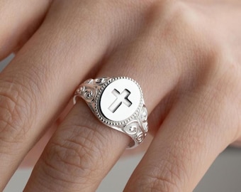 Anillo de sello de cruz vintage • Anillo cristiano con banda de pergamino grabada, anillo con símbolo de fe para hombres y mujeres, joyería religiosa personalizada