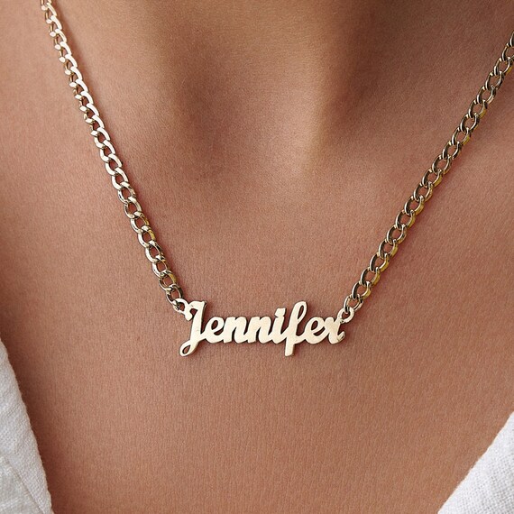 14K Solid Gold Cursive Script Name Necklace, Cuban Chain Cursive Name Necklace Gift For Women, Script Name Necklace for Her Gift N030224